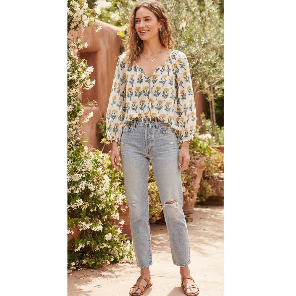 Emerson Fry India Collection Hand Block Print Floral Peasant Blouse Small S